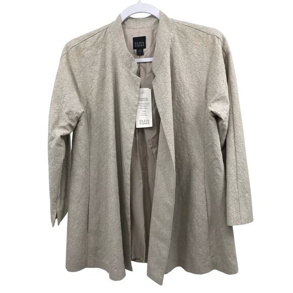 Eileen Fisher Beige Florette Jacquard Open Front 3/4 Blazer Womens S